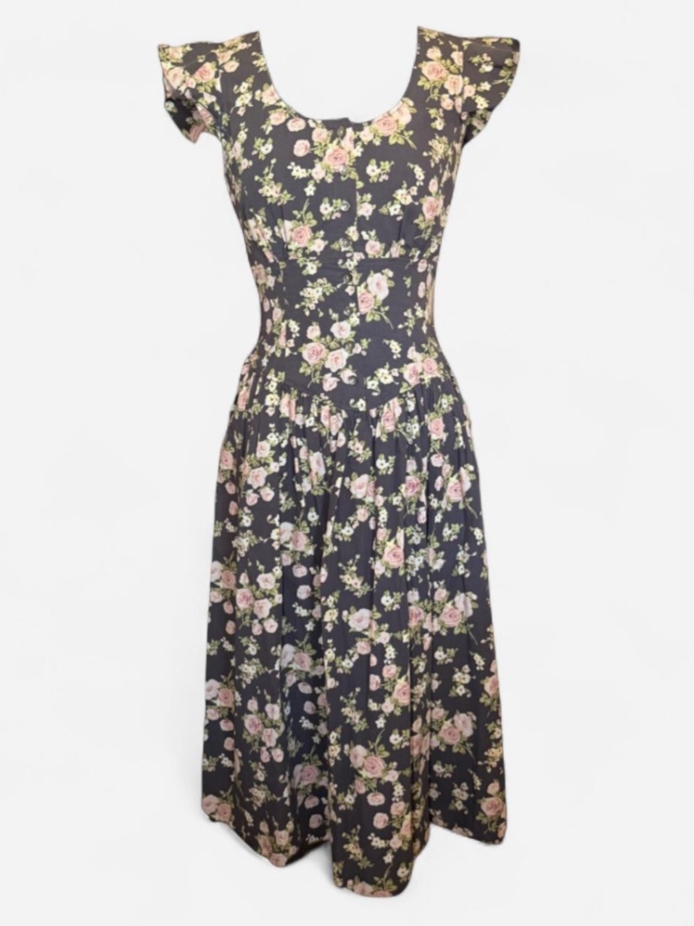 Rebecca Taylor Floral Scoop Neck Corset Midi Dress in Gray with Pink Roses